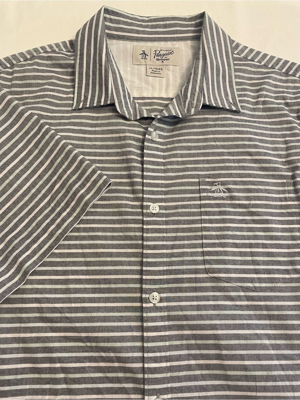 Original Penguin Grey Pink Light Green Striped Short Sleeve Shirt Retro Men’s XL